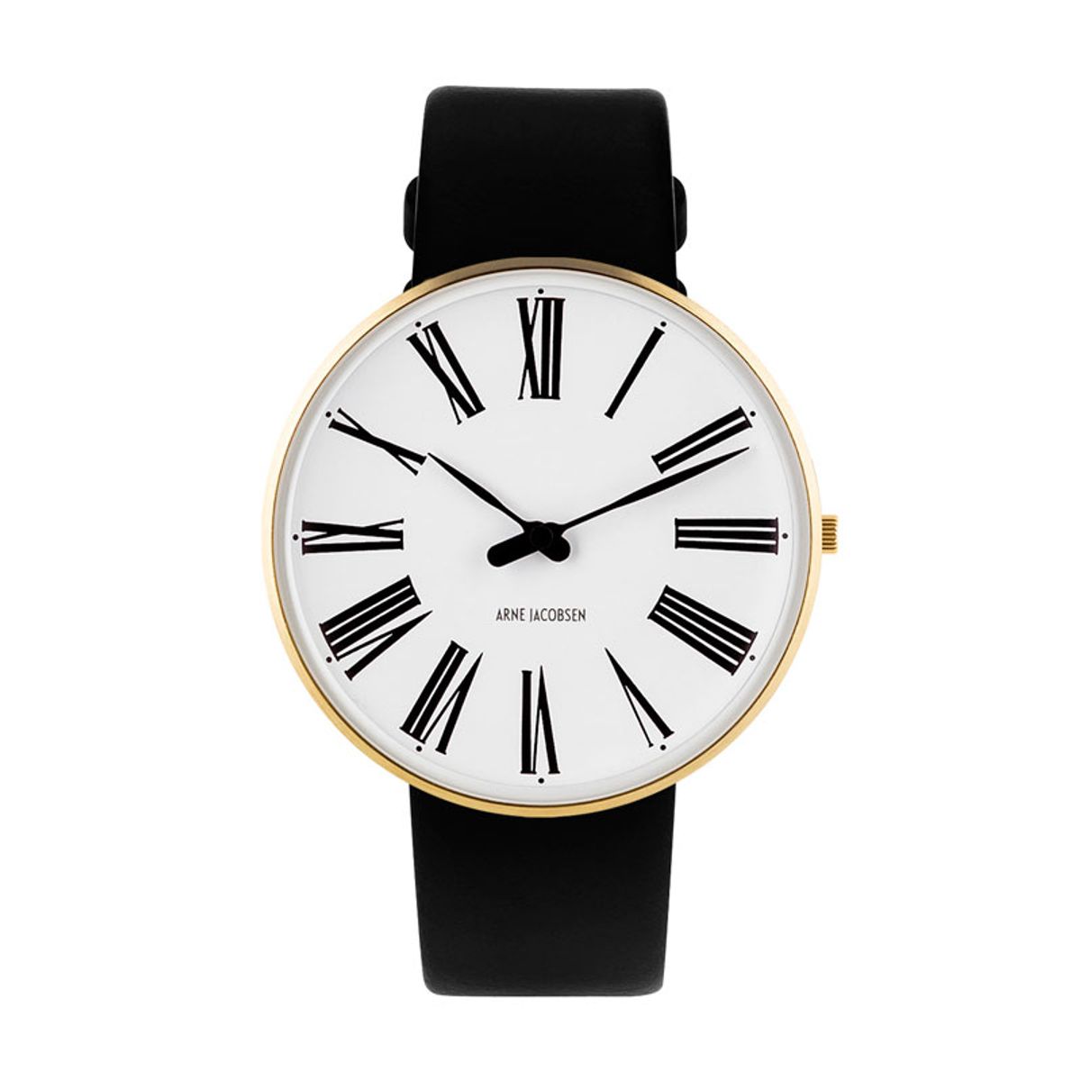 Arne Jacobsen Roman Watch Ø40mm unisexur, guldfarvet med hvid skive og sort rem