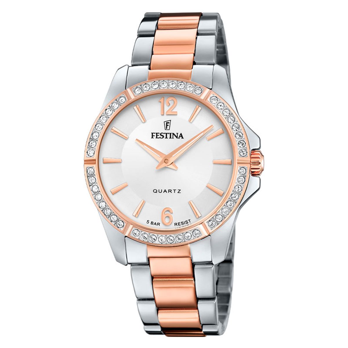 Festina Mademoiselle dameur bicolour rosa/stål med sølv skive og krystaller