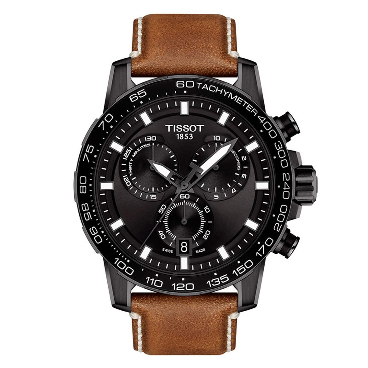 TISSOT Supersport chronograph armbåndsur i sort stål med brun læderrem