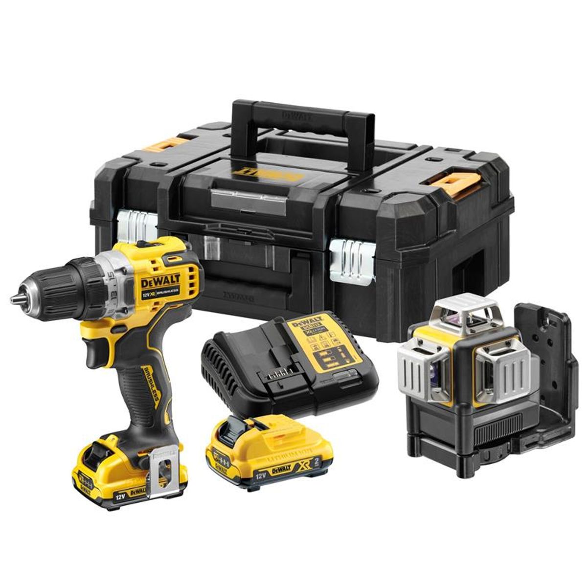 DEWALT 12V sæt med Boremaskine, laser, lader og batteri