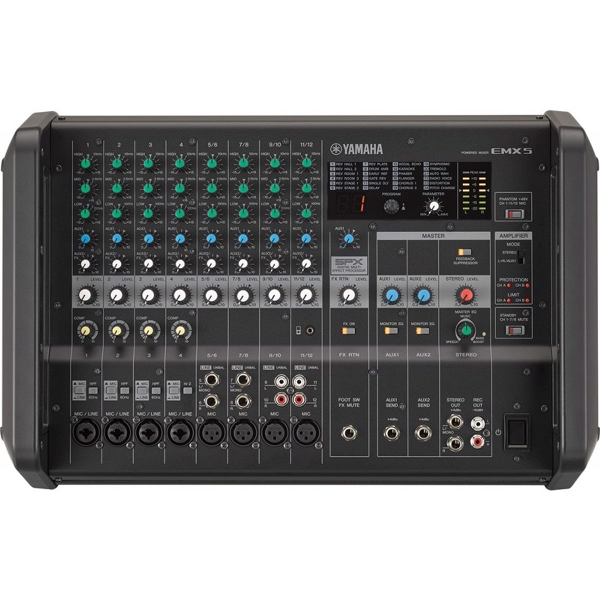 YAMAHA EMX5 - Power Mixer med 12 Line Inputs (8 mono + 4 stereo). 2x 500W [4?]. Digital Effects.