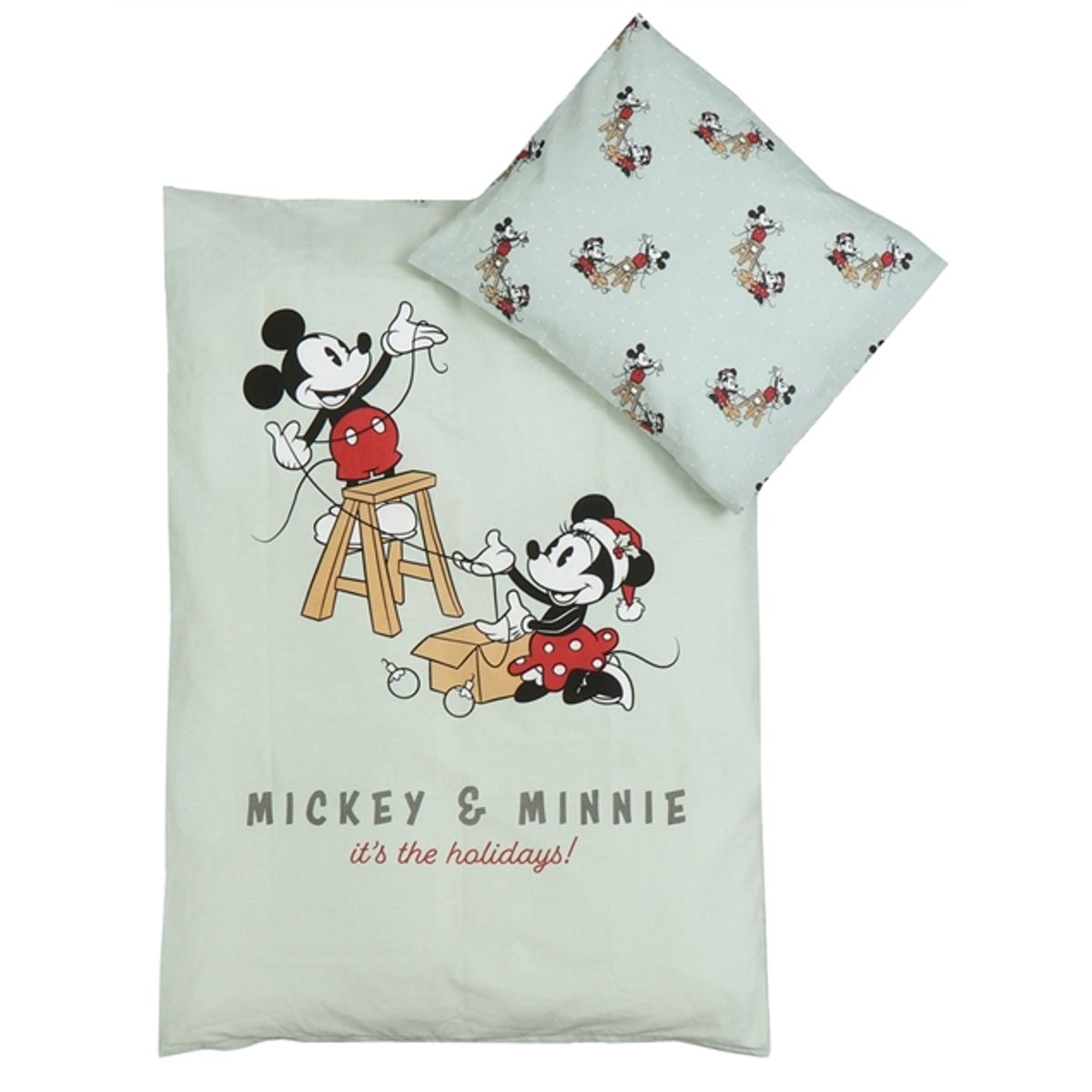 Jule sengetøj til baby 70x100 cm - 100% blødt bomuld - Mickey og Minnie - Julemotiv i mintgrøn