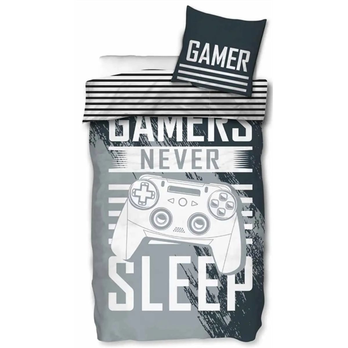 Gamer sengetøj - 140x200 cm - Gamers never sleep - Dynebetræk med 2 i 1 design - 100% bomuld sengesæt