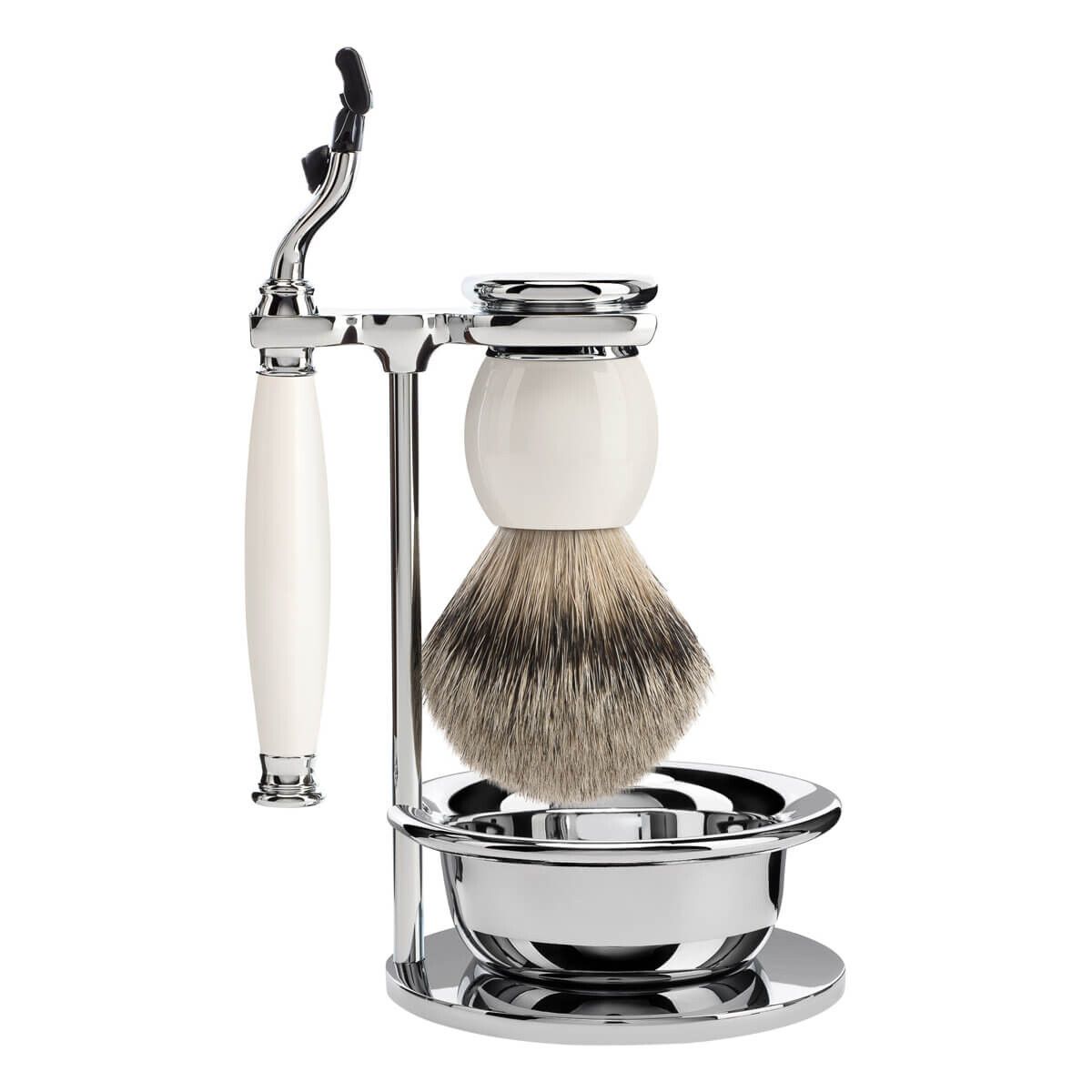 Mühle Barbersæt med Mach3 Skraber, Barberkost, Holder og Skål, Sophist, Porcelæn