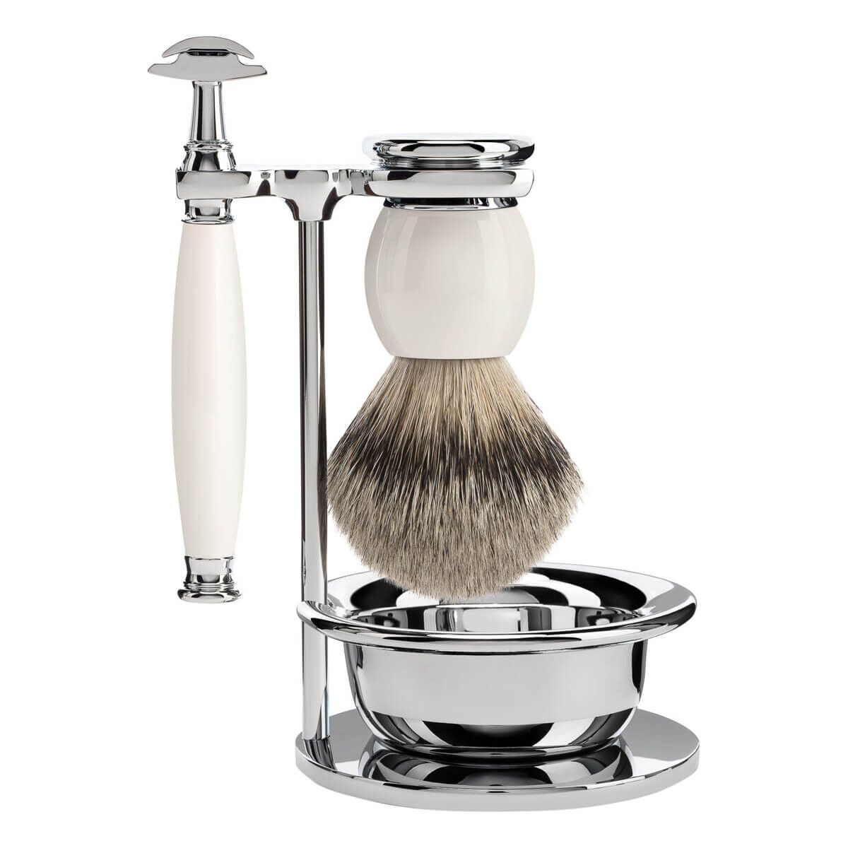 Mühle Barbersæt med DE-skraber, barberkost, holder og skål, Sophist, Porcelæn