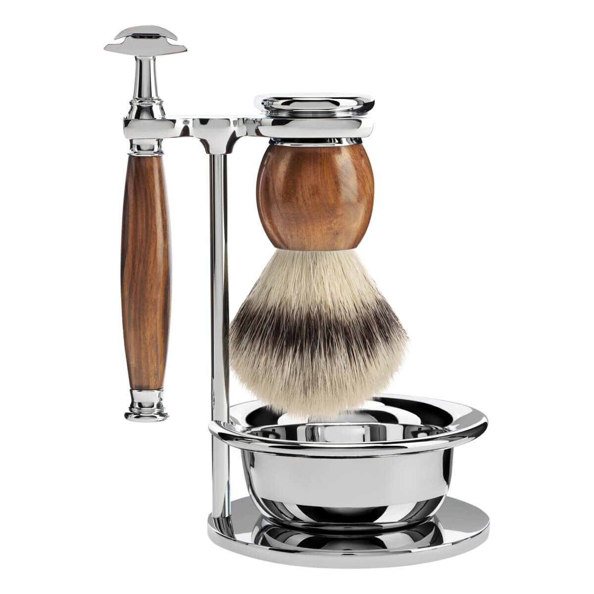 Mühle Barbersæt med DE-skraber, Fibre Barberkost, Holder og Skål, Sophist, Ironwood