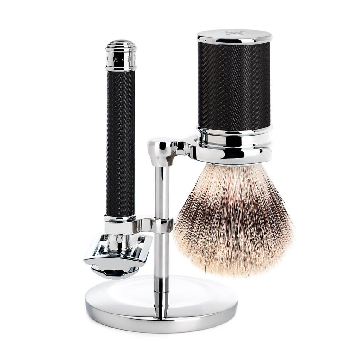 Mühle Barbersæt med DE-skraber, Silvertip Fibre ® Barberkost og Holder, Traditional, Black