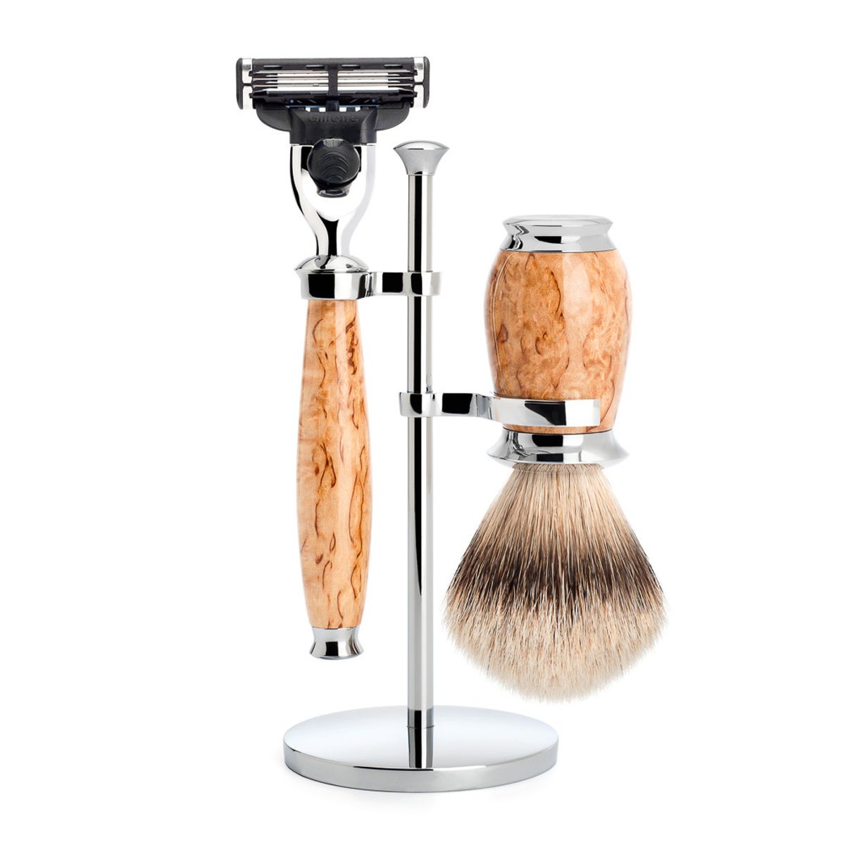 Mühle Barbersæt med Mach3 Skraber, Barberkost og Holder, Purist, Karelian Burl Birk