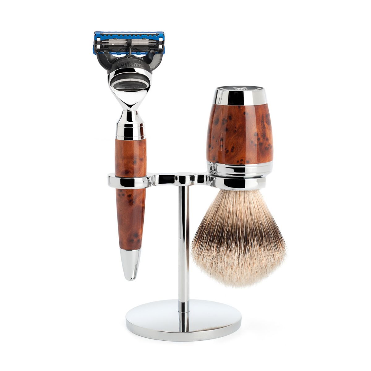 Mühle Barbersæt med Skraber, Silvertip Barberkost og Holder, Stylo, Thuja Wood