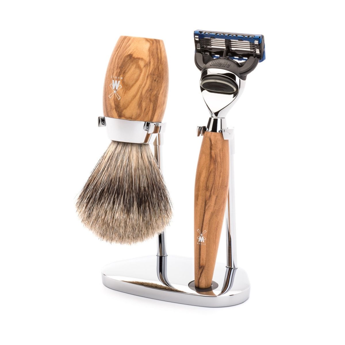 Mühle Barbersæt med Skraber, Fine Badger Barberkost og Holder, Kosmo, Oliventræ