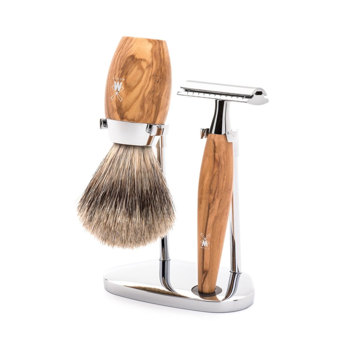 Mühle Barbersæt med DE-skraber, Fine Badger Barberkost og Holder, Kosmo, Oliventræ