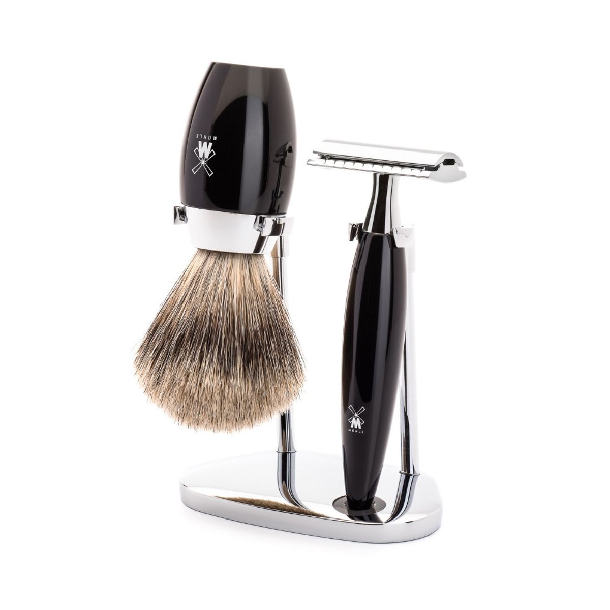 Mühle Barbersæt med DE-Skraber, Fine Badger Barberkost og Holder, Kosmo, Sort Kunstharpiks