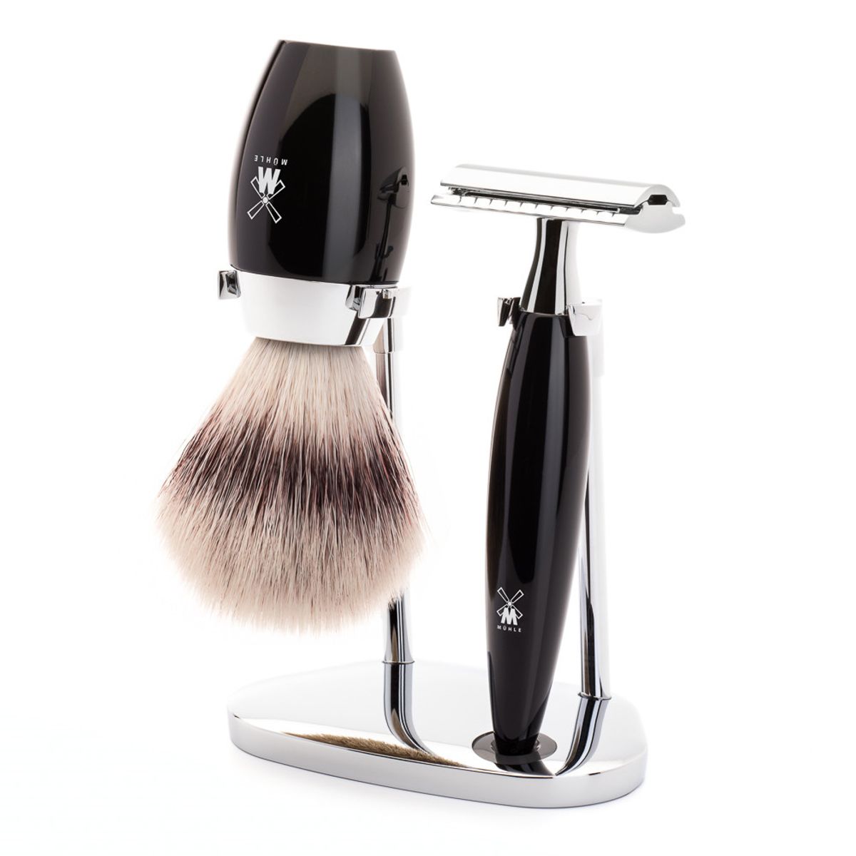 Mühle barbersæt med DE-skraber, Barberkost og Holder, Kosmo, Sort Kunstharpiks