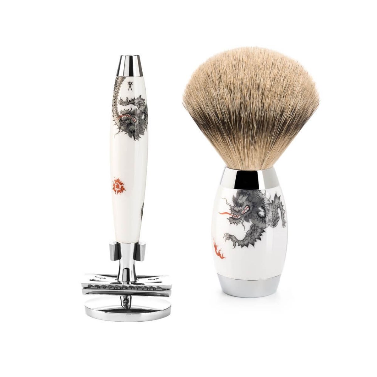 Mühle x Meissen Porcelain Barbersæt med DE-Skraber, Silvertip Barberkost og Holder til skraber, Porcelæn