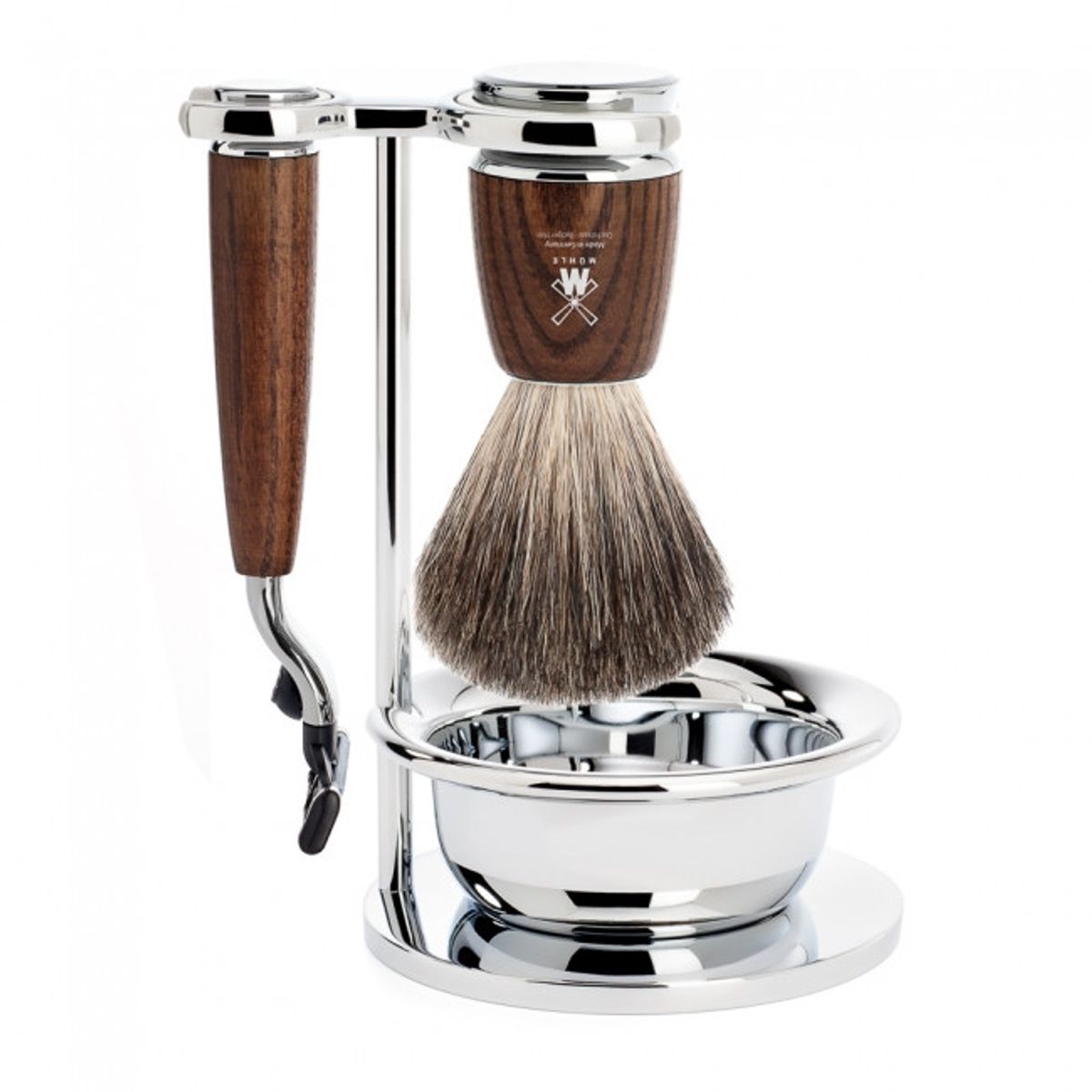 Mühle Barbersæt med Mach3 Skraber, Barberkost, Holder og Skål, Rytmo, Ask