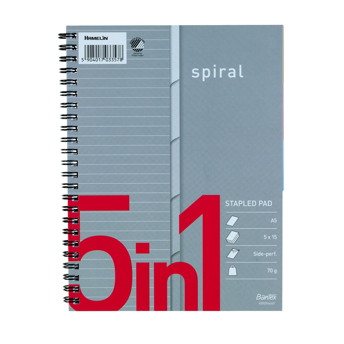 Bantex kollegieblok linjeret m/spiral - A5+ 5i1, 5 x 15 ark