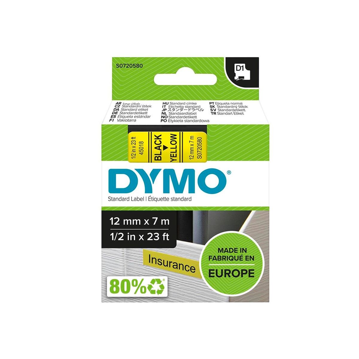 DYMO Labeltape D1 sort/gul 12mmx7m