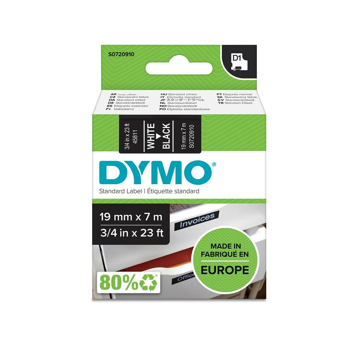 DYMO Labeltape D1 hvid/sort 19mm