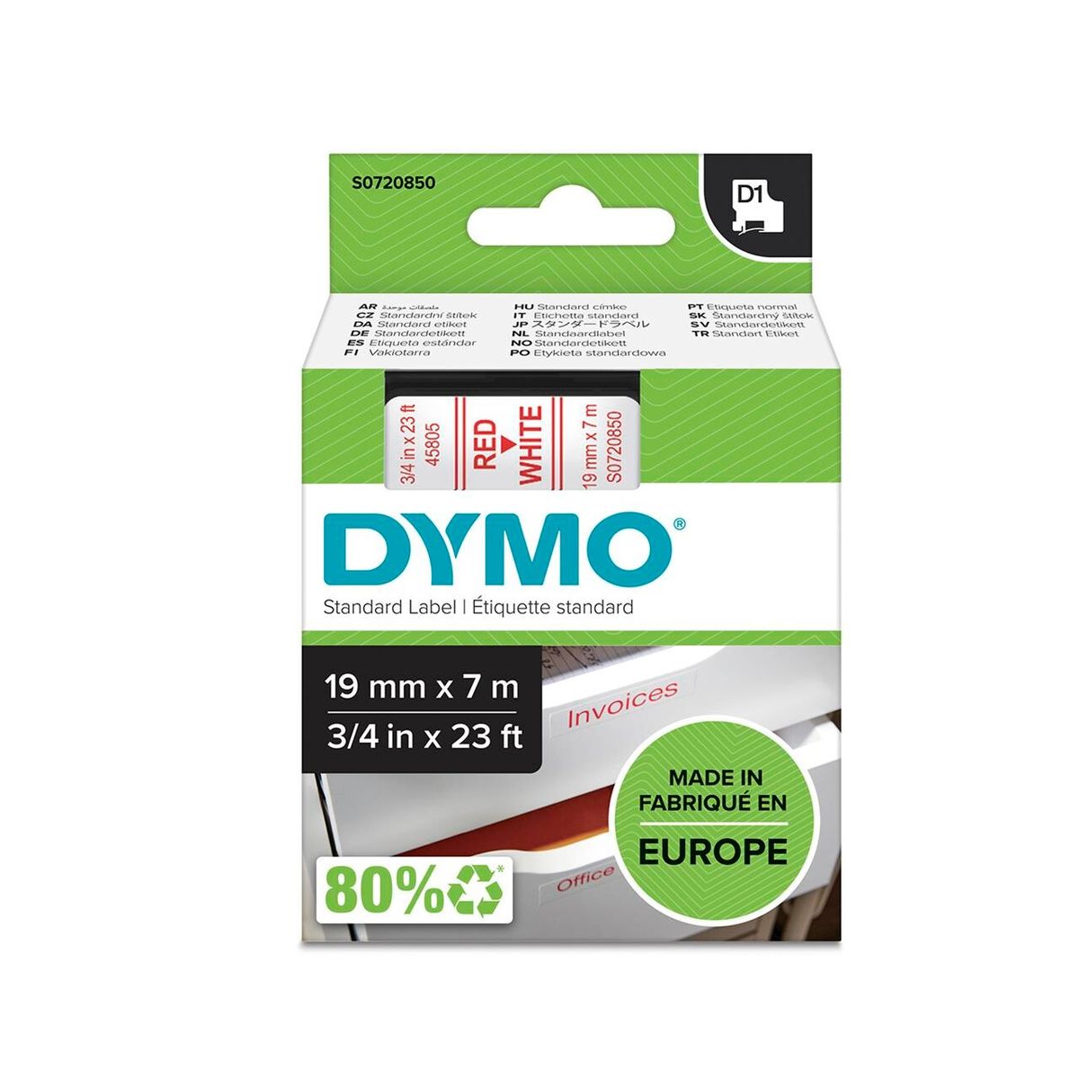 DYMO Labeltape D1 rød/hvid 19mm