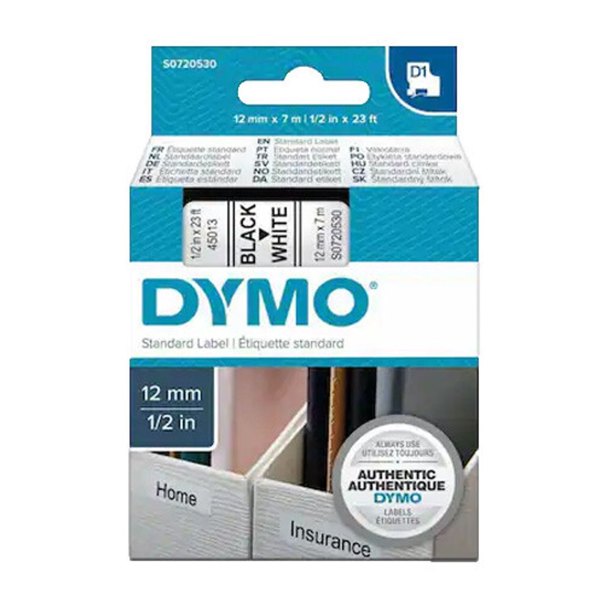 Dymo D1 labeltape, 45013 - 12 mm. 7 m. sort/hvid