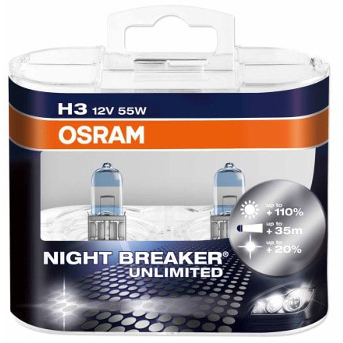 Osram Night Breaker Unlimited H3 pærer +110% mere lys (2 stk) pakke