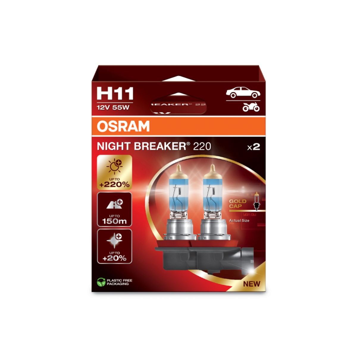 Osram Night Breaker ® 220, H11 pærer +220% mere lys (2 stk)