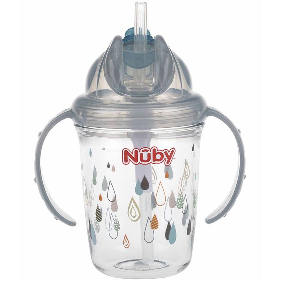 Nuby Drikkekop m. Håndtag og Sugerør - 240ml - Grå m. Print