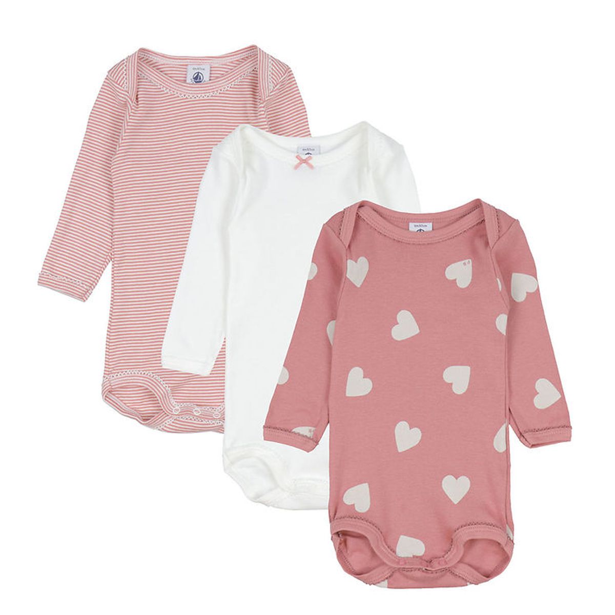 Petit Bateau Body l/æ - 3-pak - Hvid/Rosa