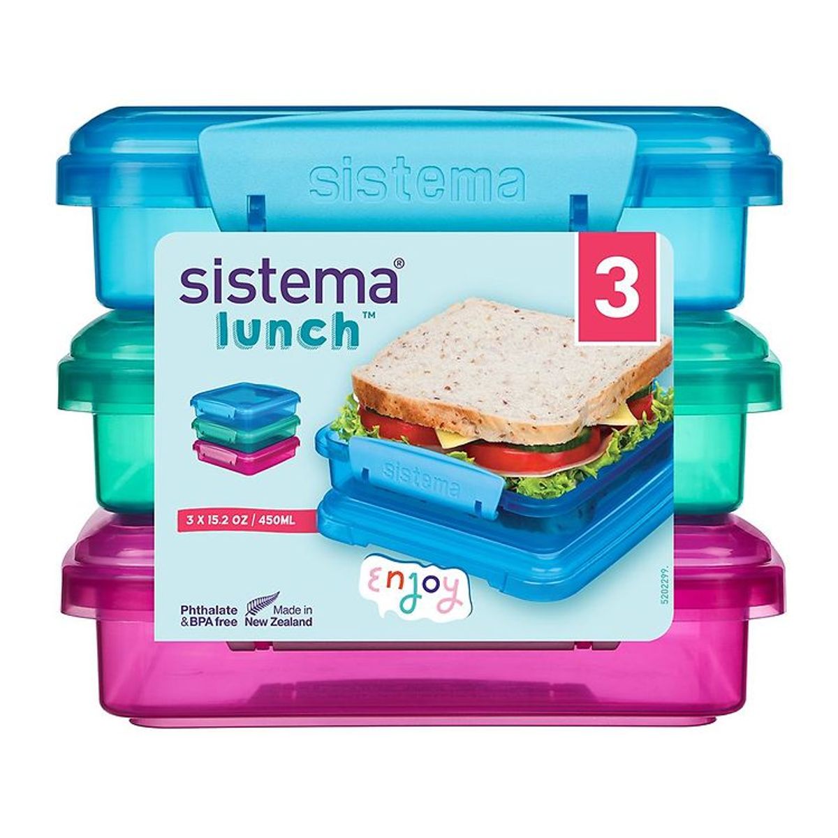 Sistema Madkasse - Sandwich Box - 450 ml - 3 Pak - Pink+Blå+Tur