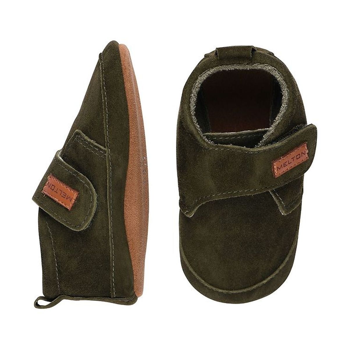 Melton Hjemmesko - Suede Slippers m. Velcro - Dark Olive