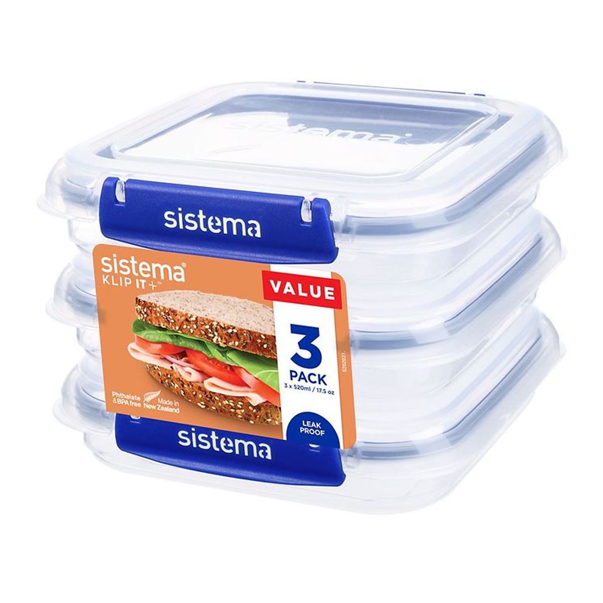 Sistema Madkasse - Square Klip it Plus - 3-pak - 520ml - Blå