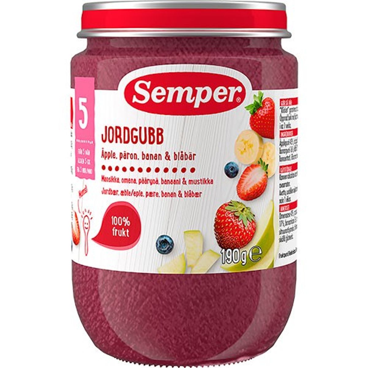 Frugtpure m jordbær,æble,pære,banan & blåbær 5 mdr - 190 gram