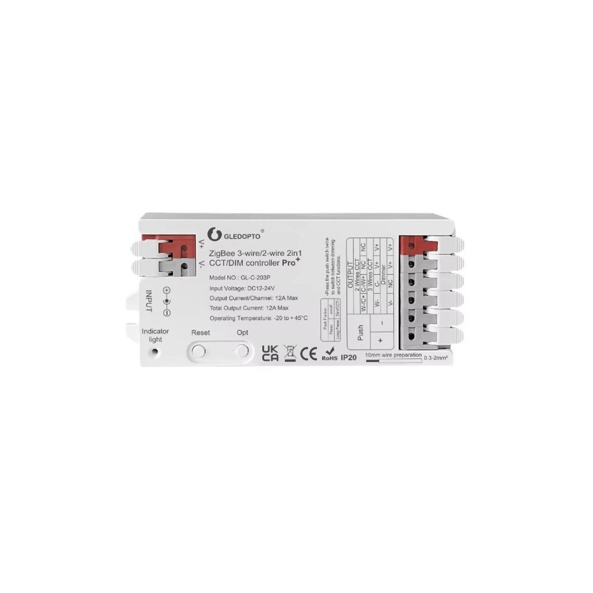 Gledopto Pro 2i1 Zigbee strip controller - Hue kompatibel, 12V/24V, 12V (144W) 24V (288W), Enkeltfarvet + CCT