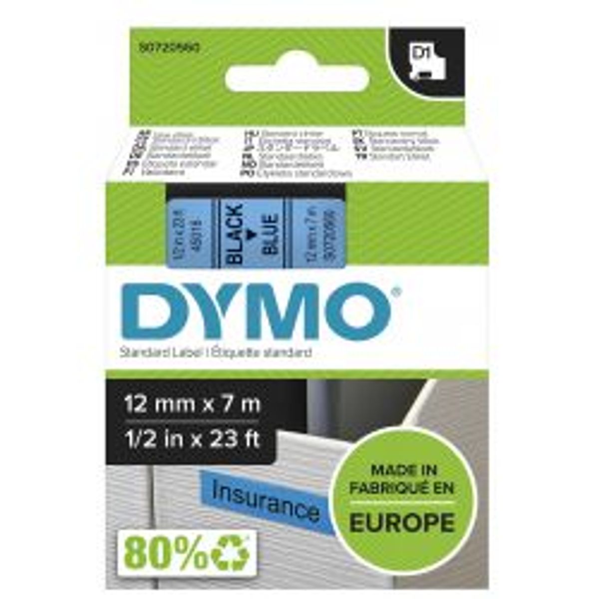 Dymo D1, Marking Tape, 12mm, Black Text On Blue Tape, 7m - 45016