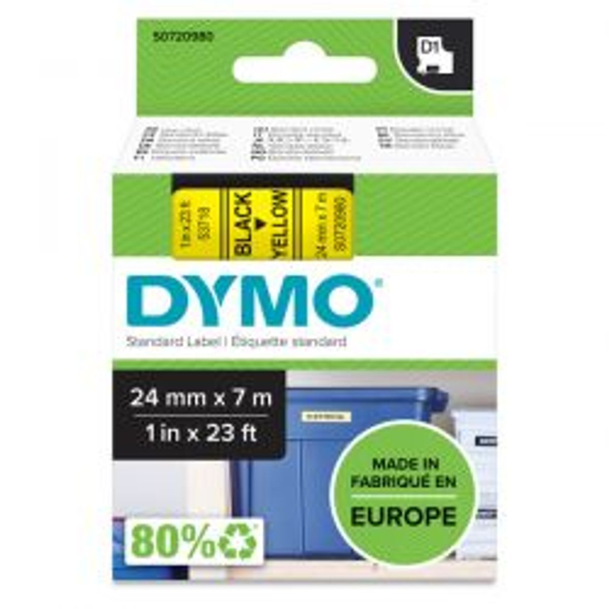 Dymo D1, Marking Tape, 24mm, Black Text On Yellow Tape, 7m