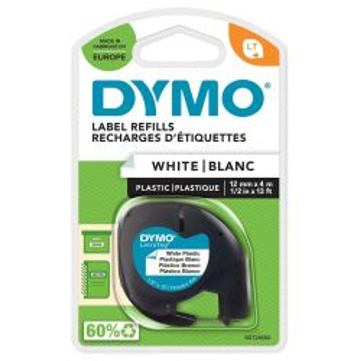 Dymo Letratag, Plastic Tape, White, 12mm, 4m