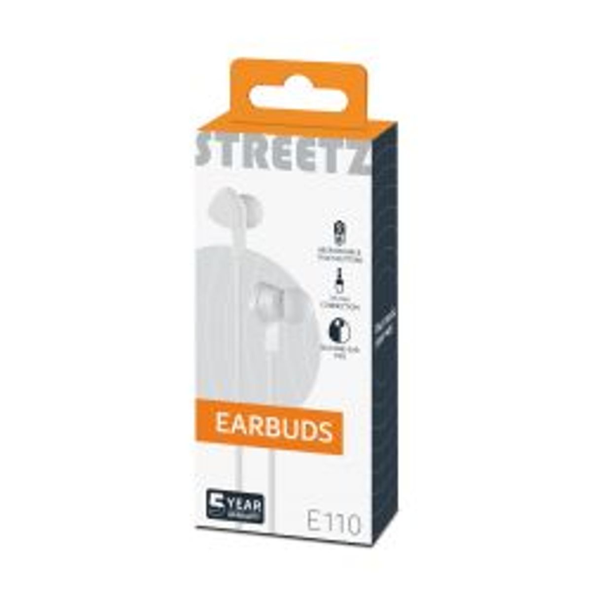 Streetz E110 In-ear Headset, 1-button Remote, 3.5mm, Mic, White - Høretelefon