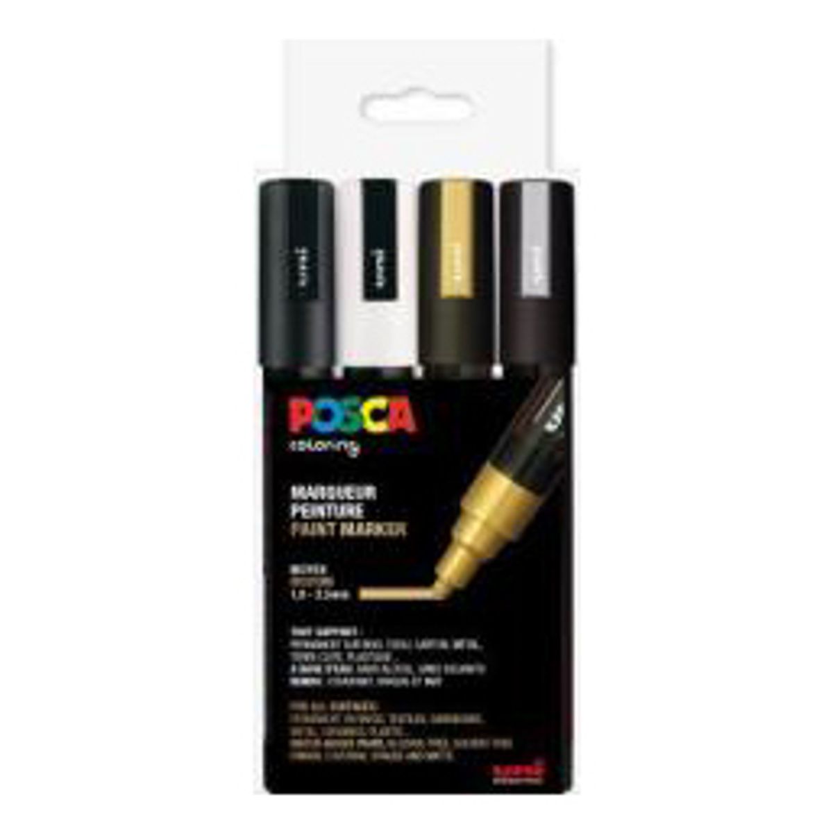 Posca Tusch - PC-5M - Pakke med 4 stk. (Guld, sølv, sort og hvid)