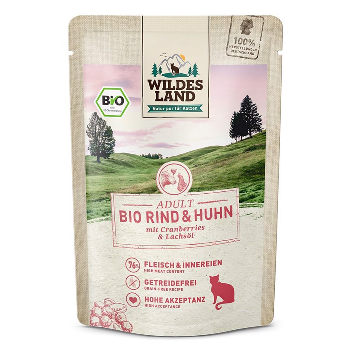 Wildes Land Cat Bio Beef & Chicken, 12 pouches - KORT DATO