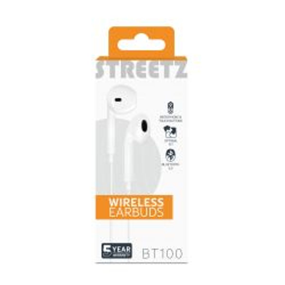 Streetz Bt100 Semiinear Bt Headphones Mic Control Buttons, White - Høretelefon