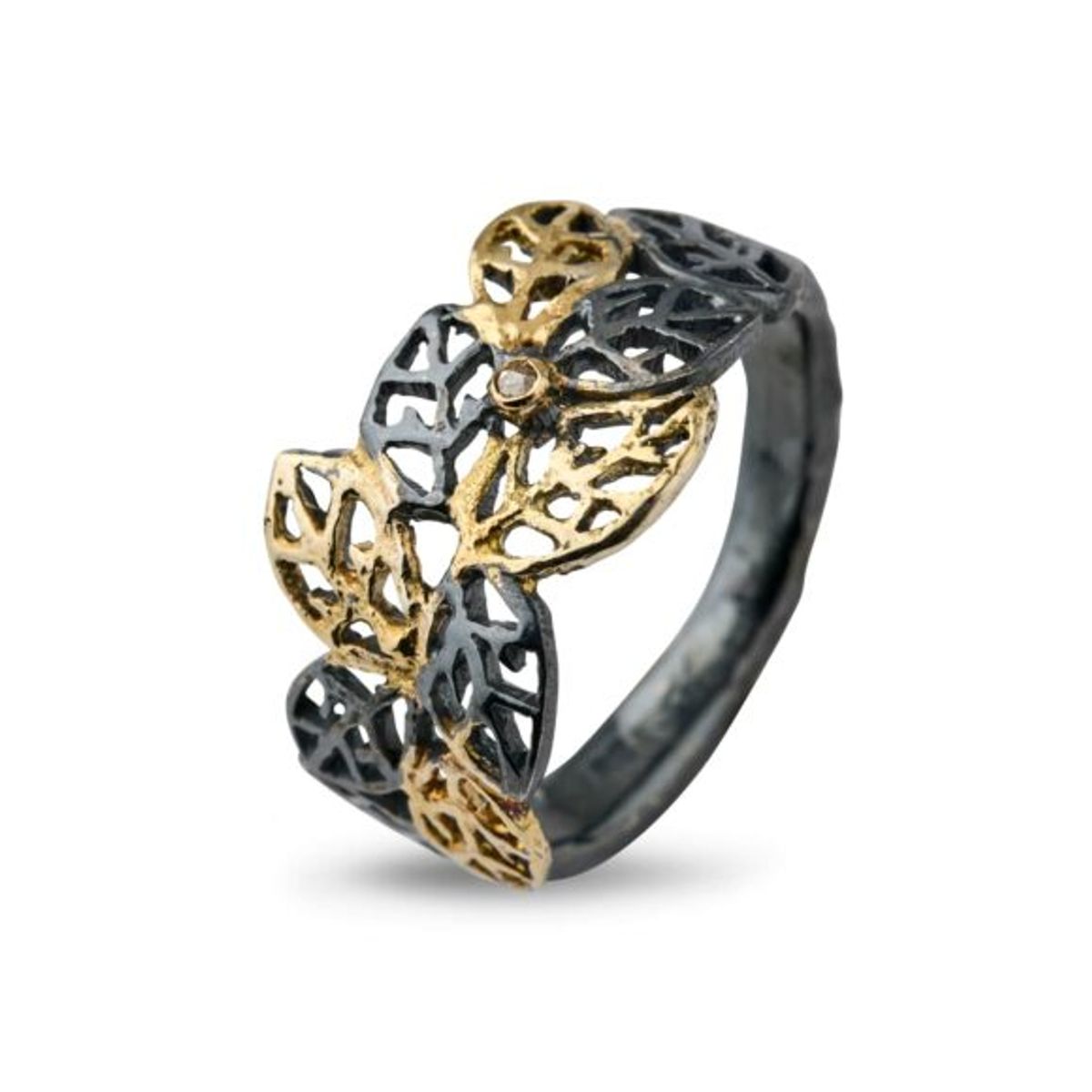 By Birdie Beech Leaves Ring i Sterling Sølv med 18 Karat Guld og Brillant 0,02 Carat