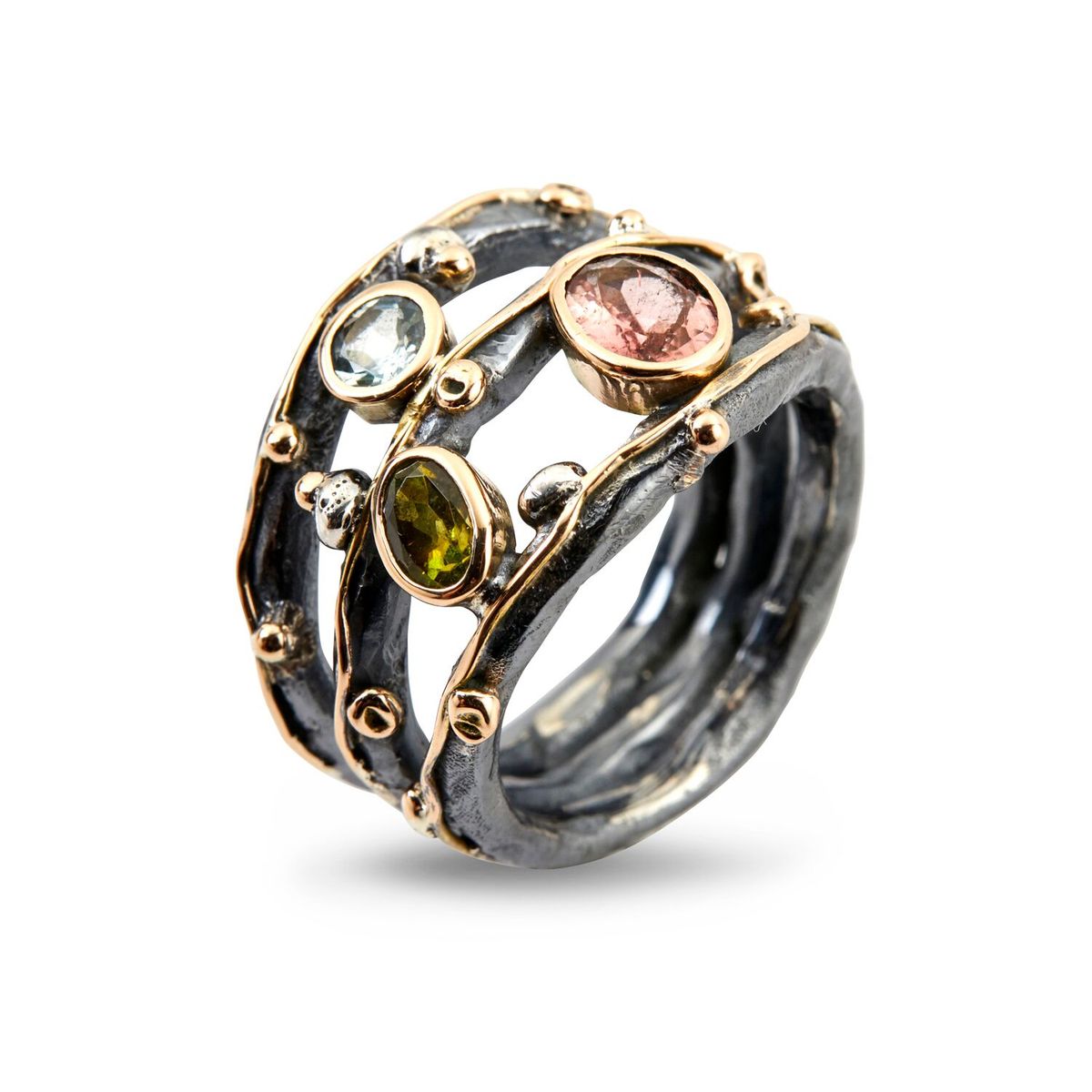 Tribeca Stones Multi Sterling Sølv Ring fra By Birdie med 14 Karat Guld Og Sten