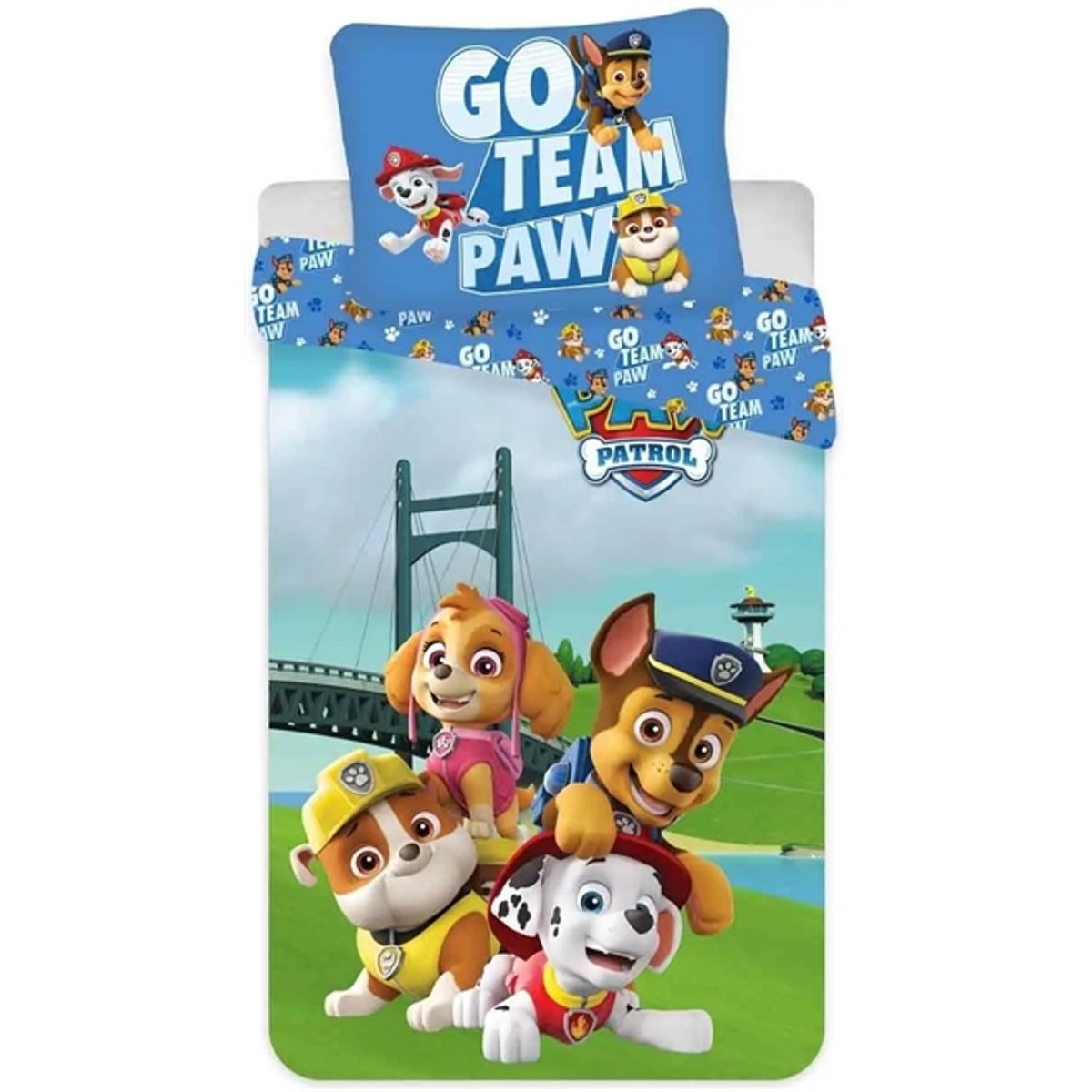 Paw Patrol Juniorsengetøj 100x140 cm - Go team Paw - 2 i 1 design - 100% bomuld