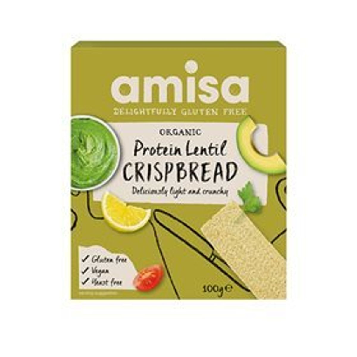 Amisa Knækbrød protein m. linser glutenfri Ø, 100g.