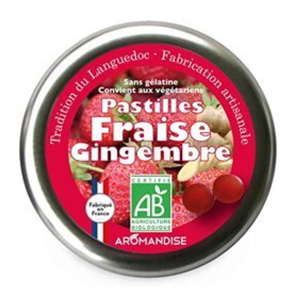 Aromandise Pastiller m. jordbær & ingefær Ø, 45g.