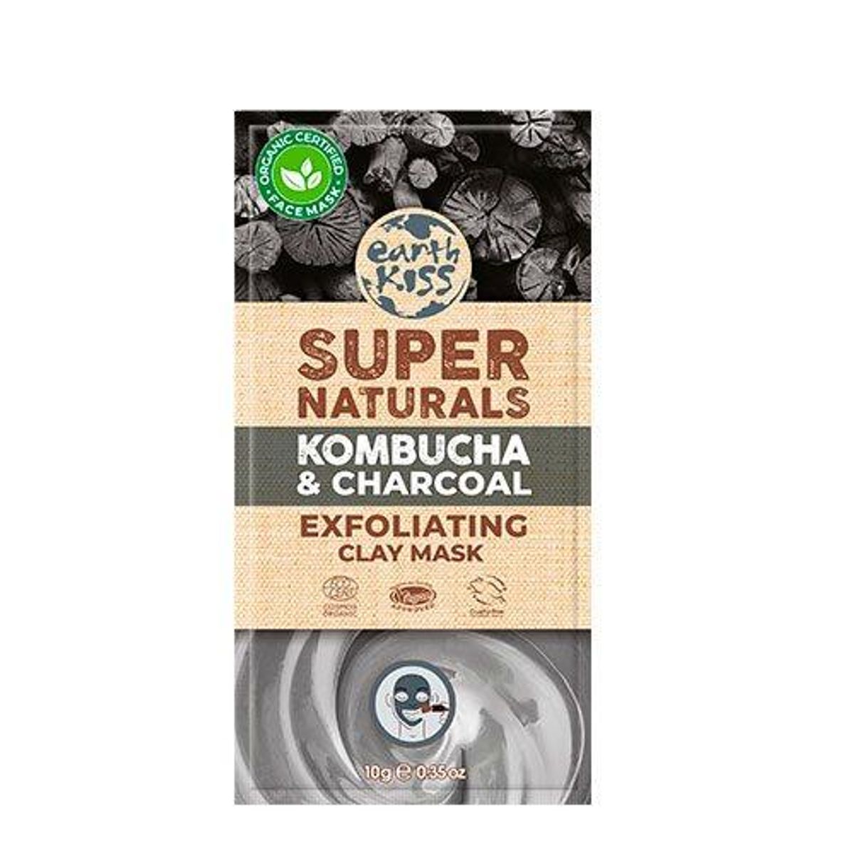 Earth Kiss Ansigtmaske Kombuca Charcoal Exfoliating Claymask Super Naturals, 10g.