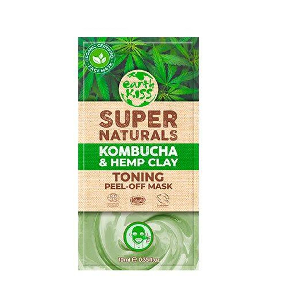 Earth Kiss Ansigtsmaske Kombucha & Hemp Clay Toning Peel-Off Super Naturals, 10g.