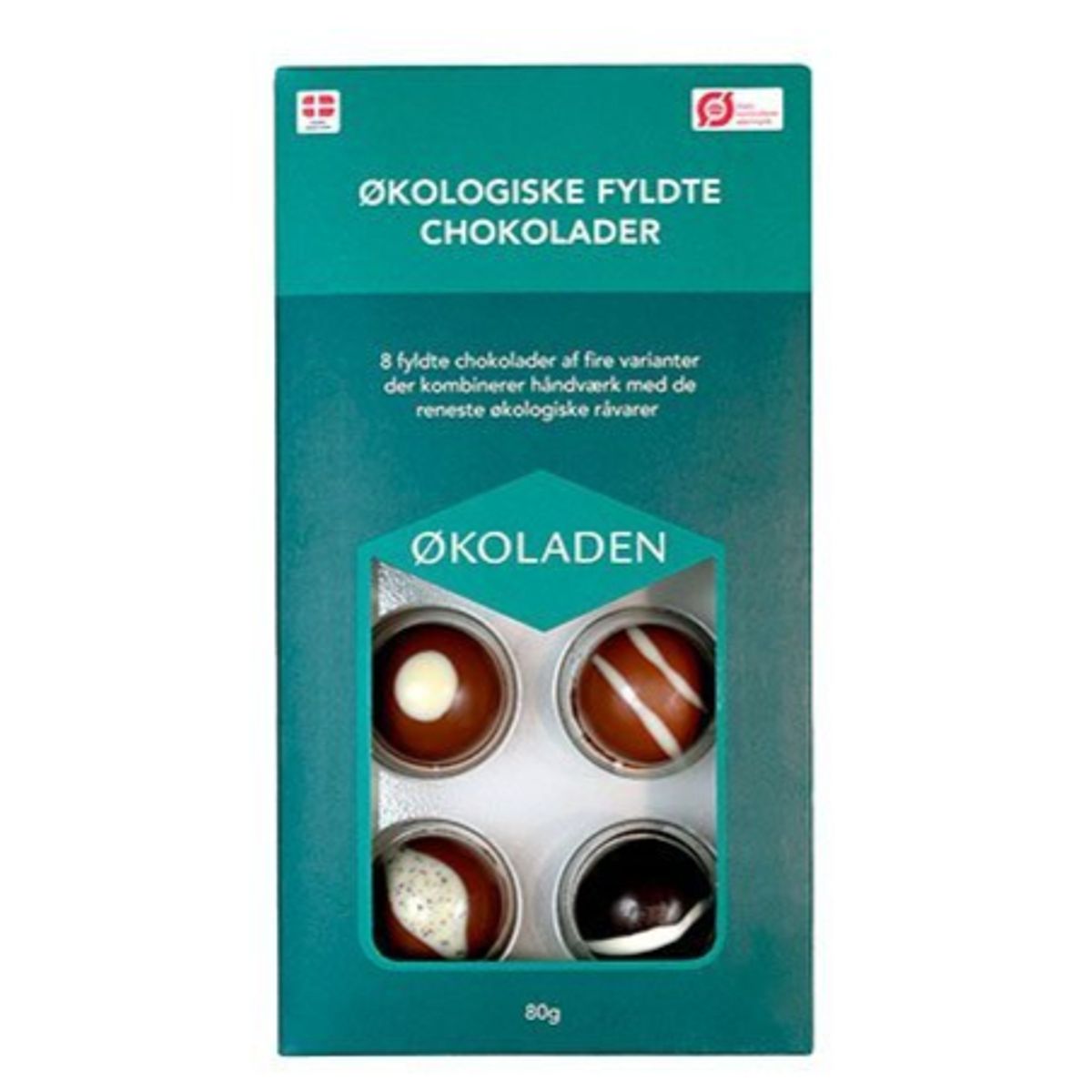 Økoladen æske med 8 stk fyldte chokolader Ø, 80g.