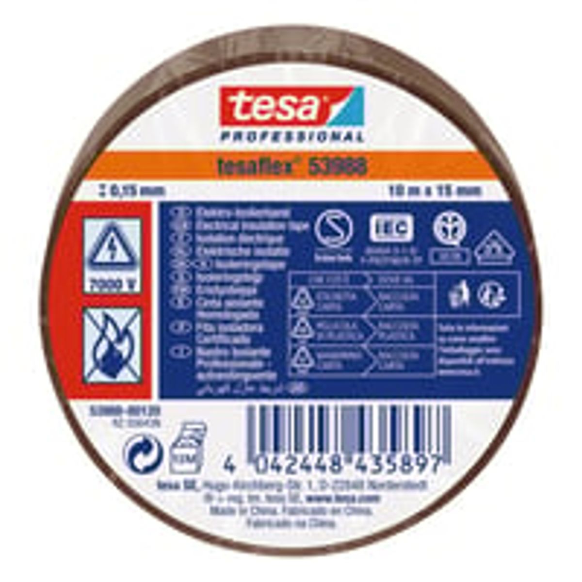 tesa isoleringstape 53988 PVC 15 mm x 10 m, brun