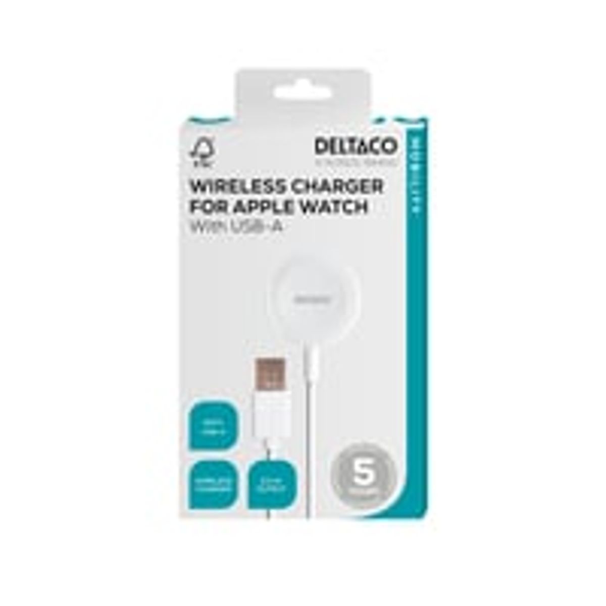 Deltaco Apple Watch oplader, USB-A, 1 m kabel